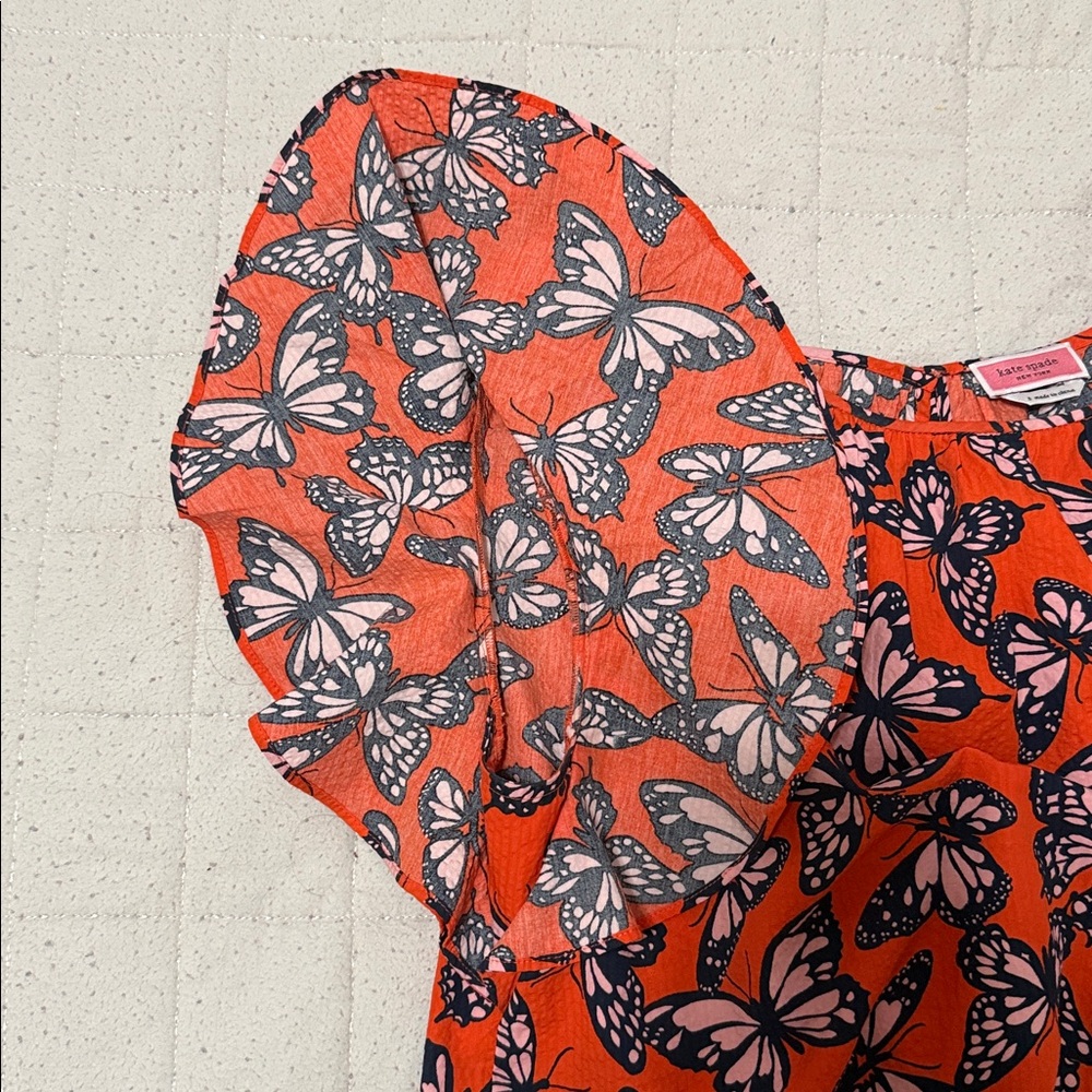 Kate Spade butterfly top with ruffle sleeves. Pink, blue and orange. Small NWT. - Picture 4 of 6